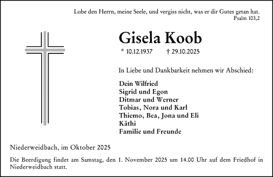 Traueranzeige von Gisela Koob von Wetzlarer Neue Zeitung Traueranzeige von Gisela Koob von Wetzlarer Neue Zeitung