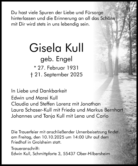 Traueranzeige von Gisela Kull von Allgemeine Zeitung Rheinhessen-Nahe Traueranzeige von Gisela Kull von Allgemeine Zeitung Rheinhessen-Nahe
