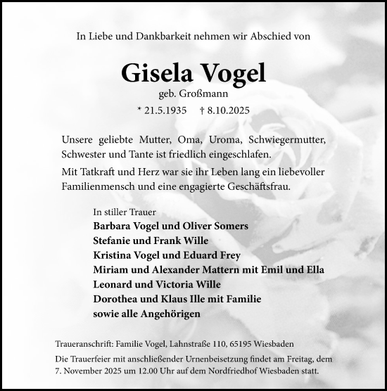 Traueranzeige von Gisela Vogel von Wiesbadener Kurier Traueranzeige von Gisela Vogel von Wiesbadener Kurier