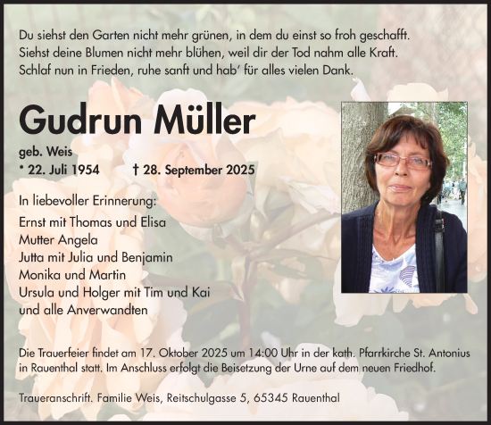Traueranzeige von Gudrun Müller von Rheingau Kurier