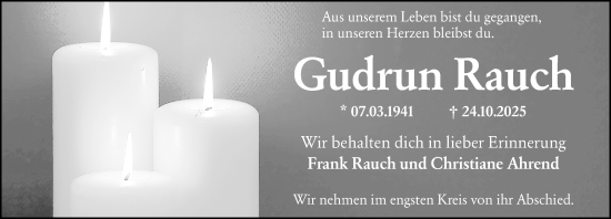 Traueranzeige von Gudrun Rauch von Wiesbadener Kurier Traueranzeige von Gudrun Rauch von Wiesbadener Kurier