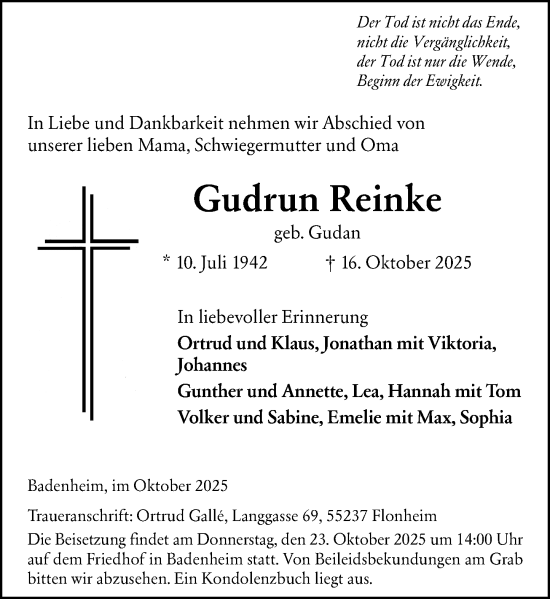 Traueranzeige von Gudrun Reinke von Allgemeine Zeitung Rheinhessen-Nahe