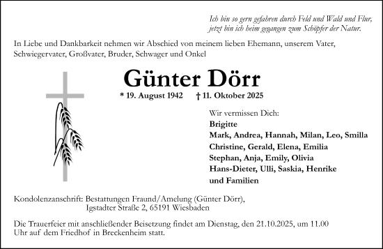 Traueranzeige von Günter Dörr von Wiesbadener Kurier Traueranzeige von Günter Dörr von Wiesbadener Kurier