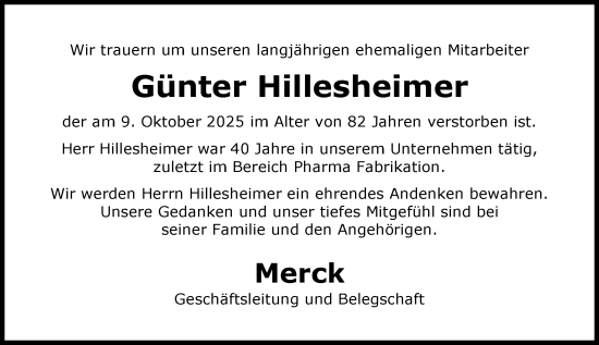 Traueranzeige von Günter Hillesheimer von Darmstädter Echo