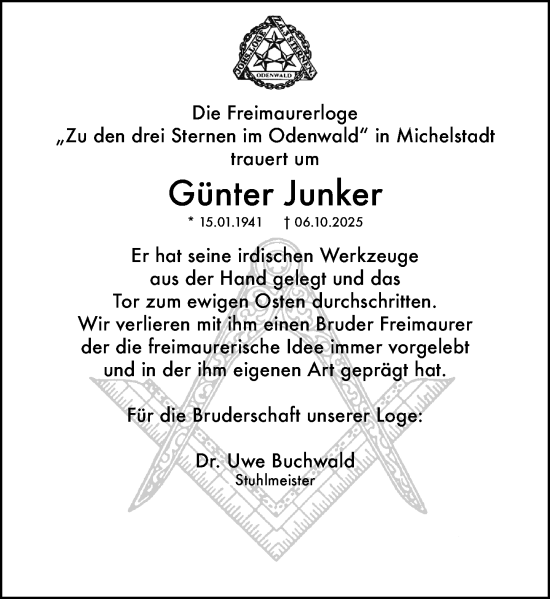 Traueranzeige von Günter Junker von Odenwälder Echo Traueranzeige von Günter Junker von Odenwälder Echo