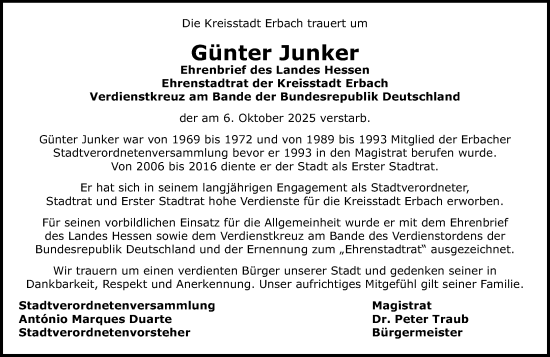 Traueranzeige von Günter Junker von Odenwälder Echo Traueranzeige von Günter Junker von Odenwälder Echo