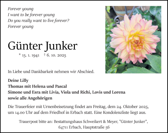Traueranzeige von Günter Junker von Odenwälder Echo Traueranzeige von Günter Junker von Odenwälder Echo