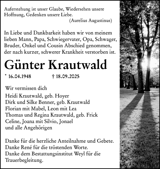 Traueranzeige von Günter Krautwald von Dill Block