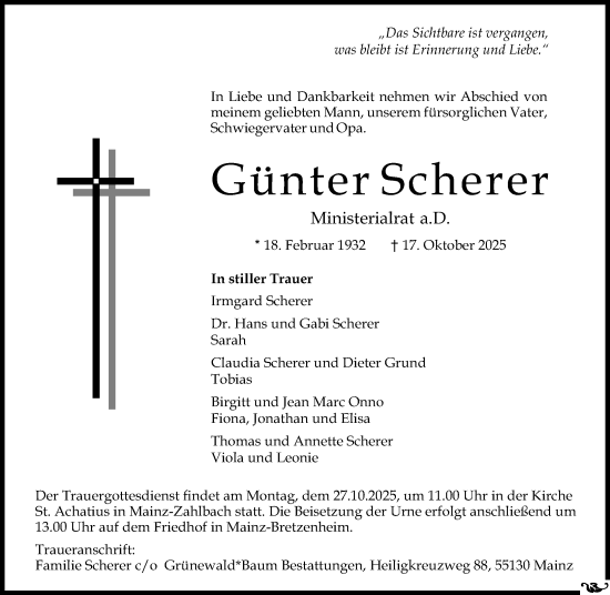 Traueranzeige von Günter Scherer von Allgemeine Zeitung Mainz Traueranzeige von Günter Scherer von Allgemeine Zeitung Mainz