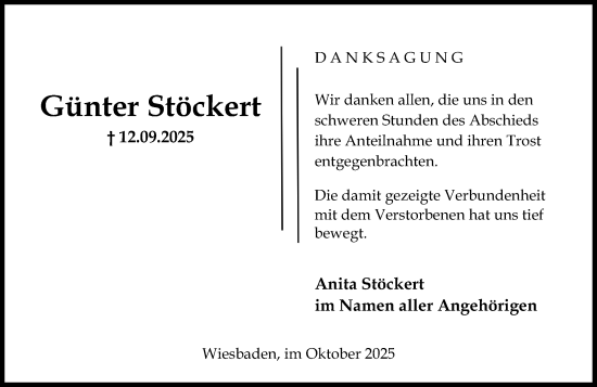 Traueranzeige von Günter Stöckert von Wiesbadener Kurier Traueranzeige von Günter Stöckert von Wiesbadener Kurier