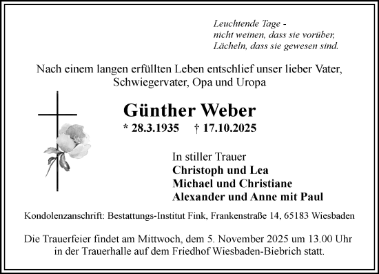 Traueranzeige von Günther Weber von Wiesbadener Kurier Traueranzeige von Günther Weber von Wiesbadener Kurier
