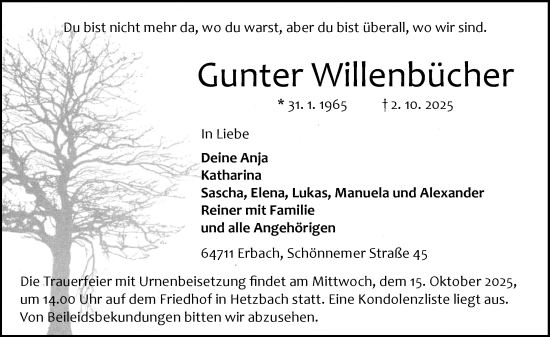 Traueranzeige von Gunter Willenbücher von Odenwälder Echo Traueranzeige von Gunter Willenbücher von Odenwälder Echo
