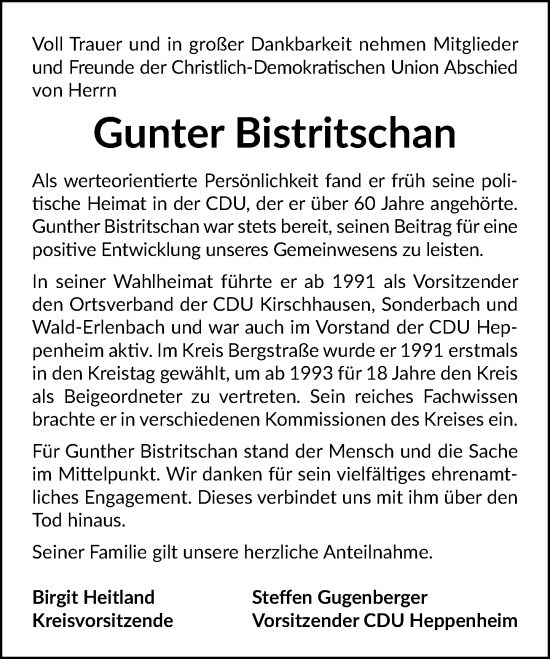 Traueranzeige von Gunter Karl Bistritschan von Starkenburger Echo