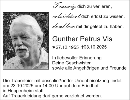 Traueranzeige von Gunther Petrus Vis von Starkenburger Echo Traueranzeige von Gunther Petrus Vis von Starkenburger Echo