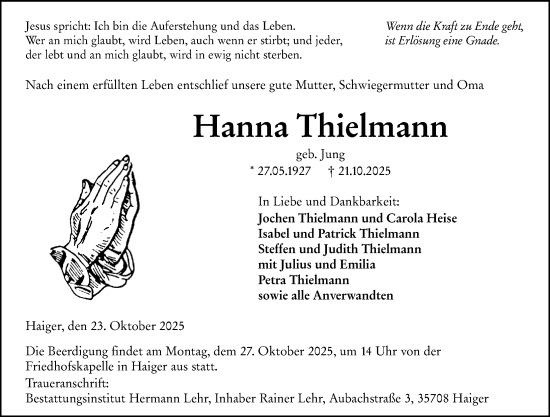 Traueranzeige von Hanna Thielmann von Dill Block Traueranzeige von Hanna Thielmann von Dill Block