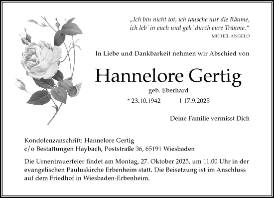 Traueranzeige von Hannelore Gertig von Wiesbadener Kurier Traueranzeige von Hannelore Gertig von Wiesbadener Kurier