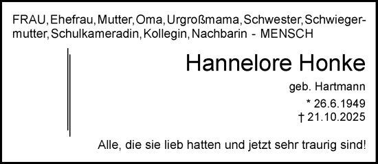Traueranzeige von Hannelore Honke von Darmstädter Echo Traueranzeige von Hannelore Honke von Darmstädter Echo