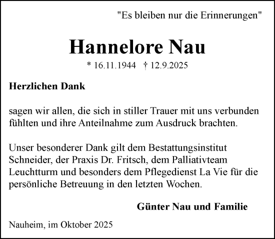 Traueranzeige von Hannelore Nau von Rüsselsheimer Echo