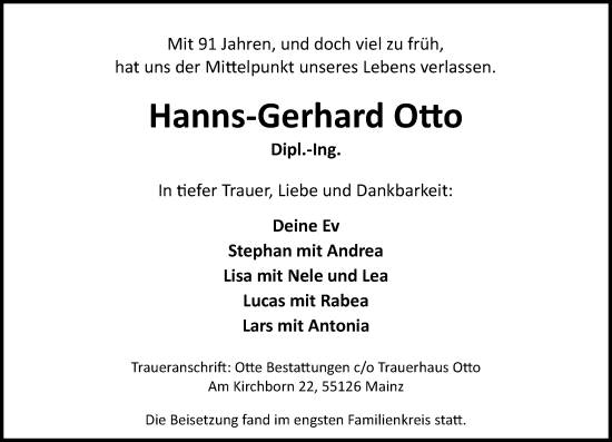 Traueranzeige von Hanns-Gerhard Otto von Allgemeine Zeitung Mainz