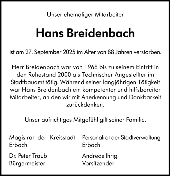 Traueranzeige von Hans Breidenbach von Odenwälder Echo Traueranzeige von Hans Breidenbach von Odenwälder Echo