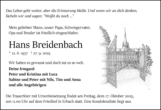 Traueranzeige von Hans Breidenbach von Odenwälder Echo Traueranzeige von Hans Breidenbach von Odenwälder Echo