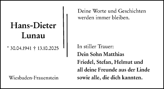 Traueranzeige von Hans-Dieter Lunau von Wiesbadener Kurier Traueranzeige von Hans-Dieter Lunau von Wiesbadener Kurier