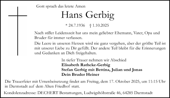 Traueranzeige von Hans Gerbig von Darmstädter Echo Traueranzeige von Hans Gerbig von Darmstädter Echo