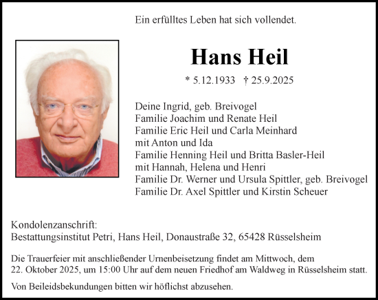 Traueranzeige von Hans Heil von Rüsselsheimer Echo Traueranzeige von Hans Heil von Rüsselsheimer Echo