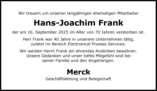 Traueranzeige von Hans-Joachim Frank von Darmstädter Echo