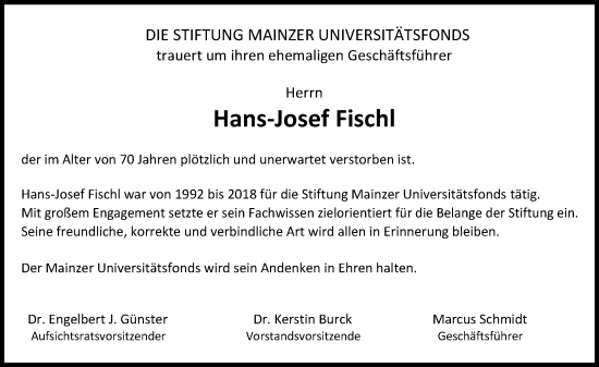 Traueranzeige von Hans-Josef Fischl von Allgemeine Zeitung Mainz Traueranzeige von Hans-Josef Fischl von Allgemeine Zeitung Mainz