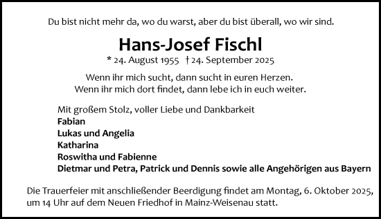 Traueranzeige von Hans-Josef Fischl von Allgemeine Zeitung Mainz Traueranzeige von Hans-Josef Fischl von Allgemeine Zeitung Mainz