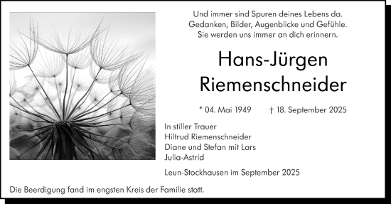 Traueranzeige von Hans-Jürgen Riemenschneider von Wetzlarer Neue Zeitung