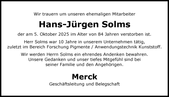 Traueranzeige von Hans-Jürgen Solms von Darmstädter Echo Traueranzeige von Hans-Jürgen Solms von Darmstädter Echo