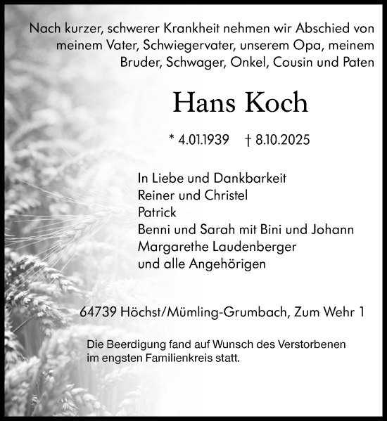 Traueranzeige von Hans Koch von Odenwälder Echo Traueranzeige von Hans Koch von Odenwälder Echo