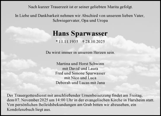 Traueranzeige von Hans Sparwasser von Allgemeine Zeitung Mainz Traueranzeige von Hans Sparwasser von Allgemeine Zeitung Mainz
