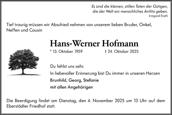 Traueranzeige von Hans-Werner Hofmann von Darmstädter Echo Traueranzeige von Hans-Werner Hofmann von Darmstädter Echo