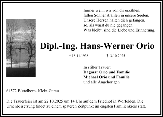 Traueranzeige von Hans-Werner Orio von Groß-Gerauer Echo Traueranzeige von Hans-Werner Orio von Groß-Gerauer Echo