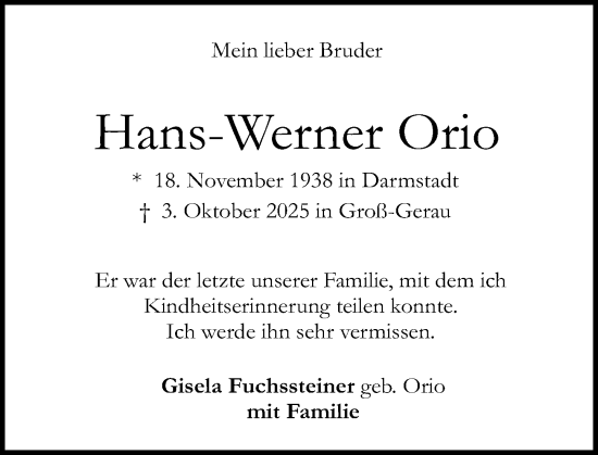 Traueranzeige von Hans-Werner Orio von Darmstädter Echo Traueranzeige von Hans-Werner Orio von Darmstädter Echo