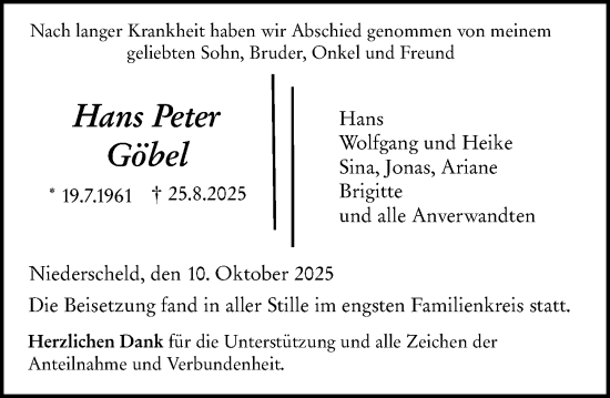 Traueranzeige von Hans Peter Göbel von Dill Block