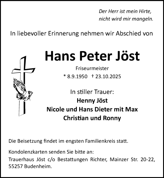Traueranzeige von Hans Peter Jöst von Allgemeine Zeitung Mainz Traueranzeige von Hans Peter Jöst von Allgemeine Zeitung Mainz