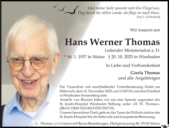 Traueranzeige von Hans Werner Thomas von Wiesbadener Kurier Traueranzeige von Hans Werner Thomas von Wiesbadener Kurier