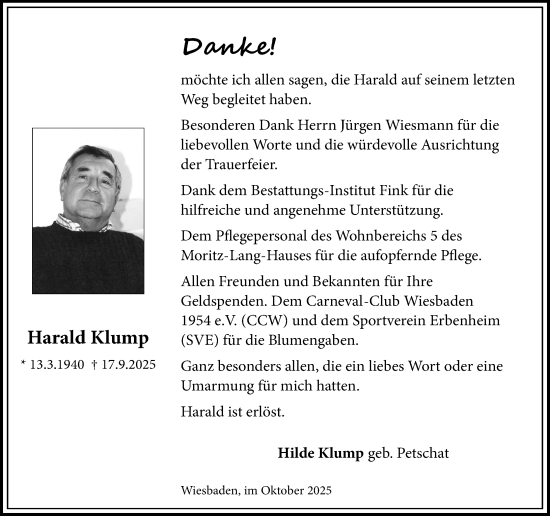 Traueranzeige von Harald Klump von Wiesbadener Kurier Traueranzeige von Harald Klump von Wiesbadener Kurier