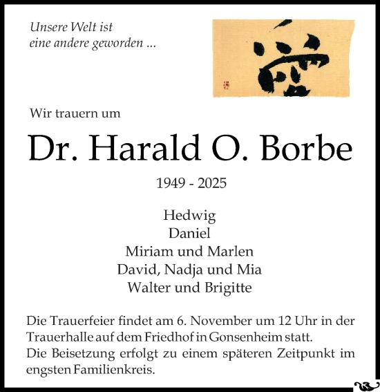 Traueranzeige von Harald O. Borbe von Allgemeine Zeitung Mainz