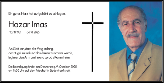 Traueranzeige von Hazar Imas von Hinterländer Anzeiger