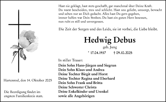 Traueranzeige von Hedwig Debus von Hinterländer Anzeiger