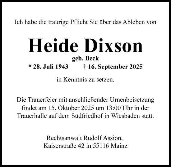 Traueranzeige von Heide Dixson von Wiesbadener Kurier Traueranzeige von Heide Dixson von Wiesbadener Kurier