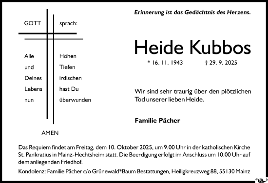 Traueranzeige von Heide Kubbos von Allgemeine Zeitung Mainz Traueranzeige von Heide Kubbos von Allgemeine Zeitung Mainz
