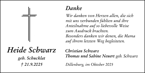 Traueranzeige von Heide Schwarz von Dill Block Traueranzeige von Heide Schwarz von Dill Block