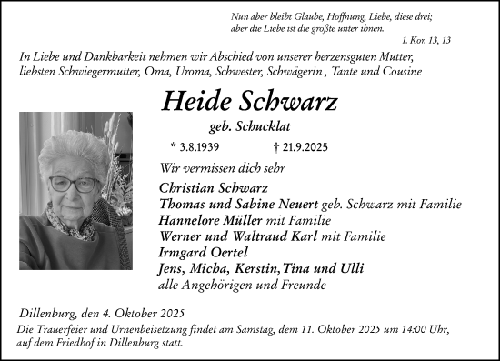 Traueranzeige von Heide Schwarz von Dill Block Traueranzeige von Heide Schwarz von Dill Block