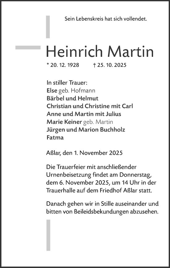 Traueranzeige von Heinrich Martin von Wetzlarer Neue Zeitung Traueranzeige von Heinrich Martin von Wetzlarer Neue Zeitung